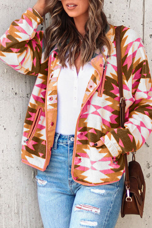 Western Aztec Buttoned Zipper Pockets Fleece Jacket